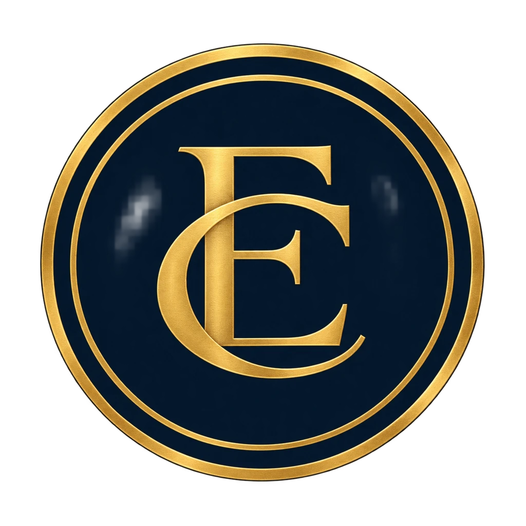 Eric Coste logo: gold EC monogram in a navy and gold seal
