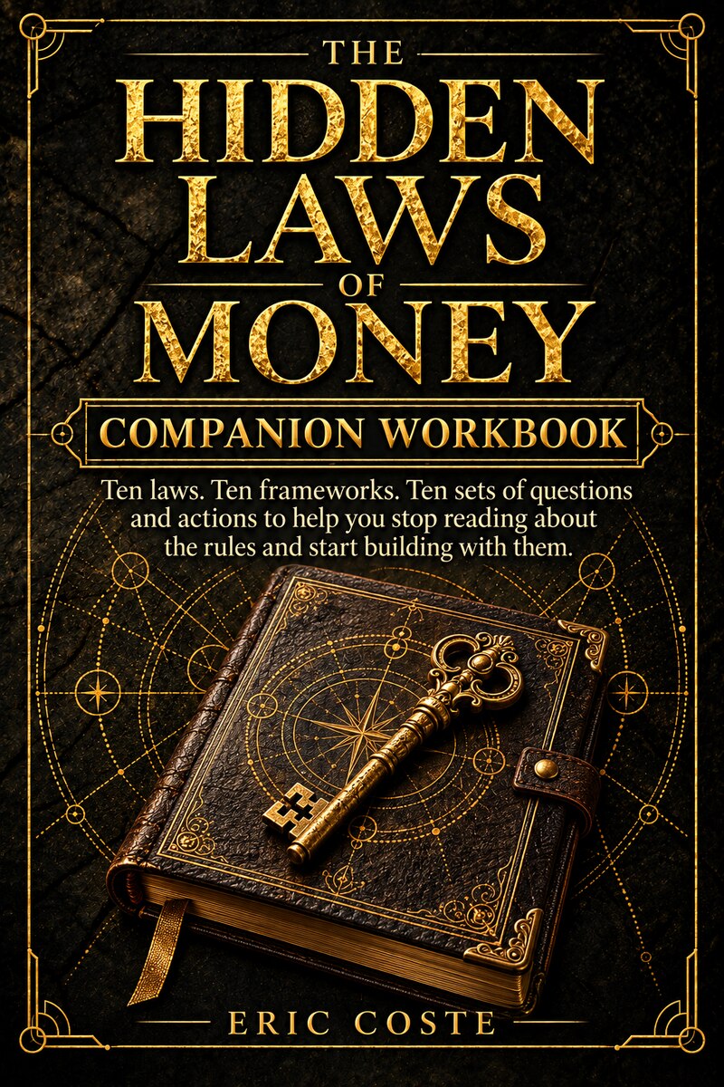 The Hidden Laws of Money: Companion Workbook cover — a leather-bound journal with a brass key, on a background of gold alchemical circles